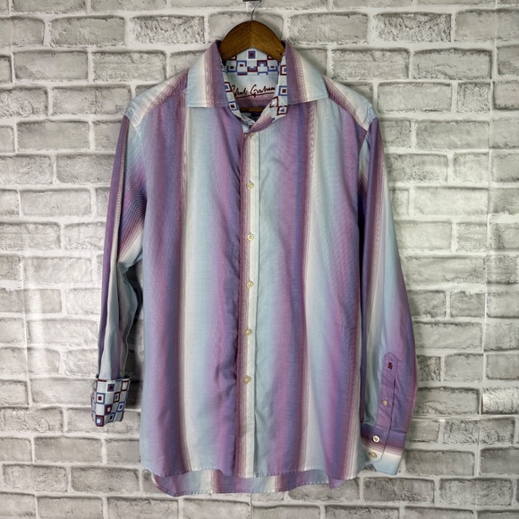 Robert Graham Lavender Ombre Striped Flip Cuff Button Up Dress Shirt Mens Large - Picture 2 of 8